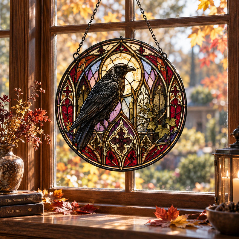 The Raven Sits Still - Gothic Stained-Glass Round Window Hanging