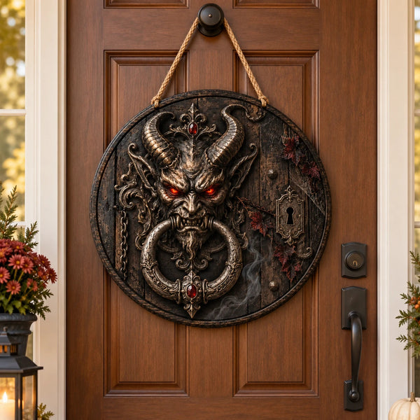Iron Sentinel - Horned Knocker Motif in Gothic Relief - main