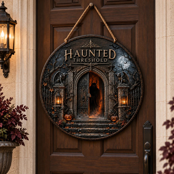 Haunted Threshold - Gothic Doorway Round Wood Sign - main