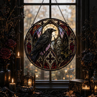 The Raven Sits Still - Gothic Stained-Glass Round Window Hanging