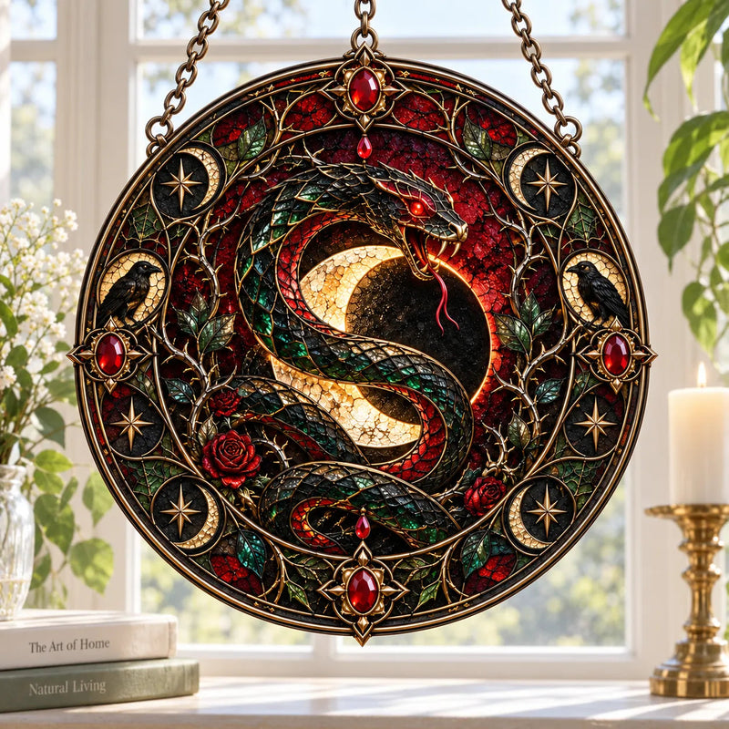 Coiled Under the Crescent - Serpent and Raven Round Window Hanging