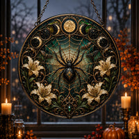 Lunar Arachne - Stained-Glass-Looking Round Window Hanging
