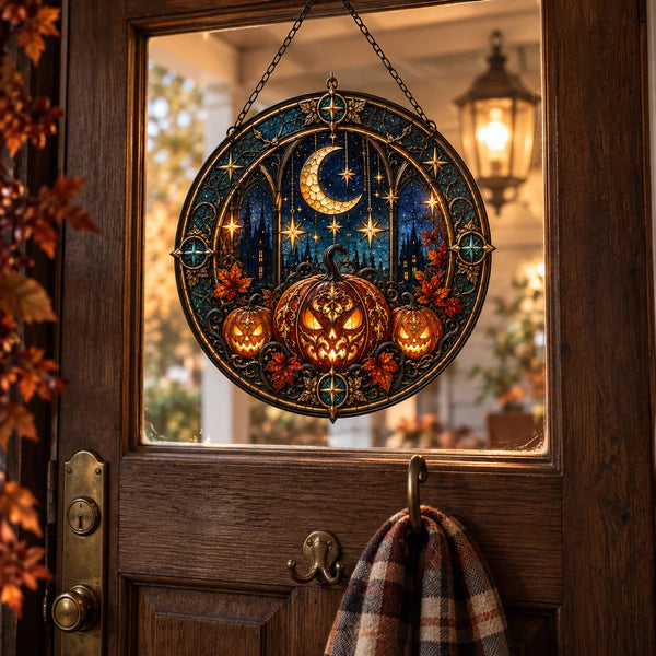 Harvest Moon Cathedral - Circular Stained-Glass-Look Window Hanging - main