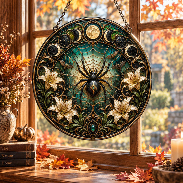 Lunar Arachne - Stained-Glass-Looking Round Window Hanging - main