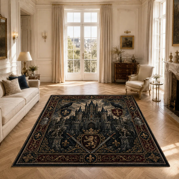 Nocturne Keep - Heraldic Castle Rug in Obsidian and Gold - main