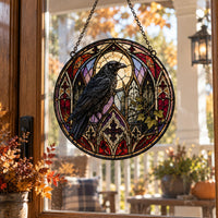 The Raven Sits Still - Gothic Stained-Glass Round Window Hanging