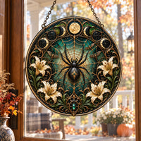 Lunar Arachne - Stained-Glass-Looking Round Window Hanging