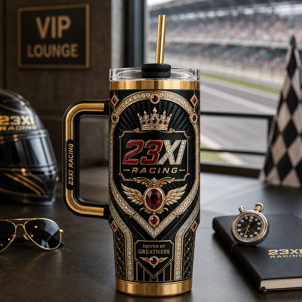 Driven By Greatness - 23XI Crest Tumbler in Black and Gold - main