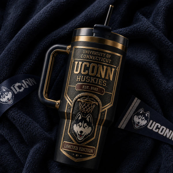 UCONN Heritage Crest - Blackout and Brass Tumbler Graphic - main