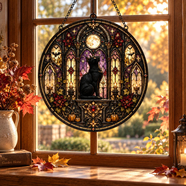 Moonlit Cathedral - Black Cat Round Window Hanging - main