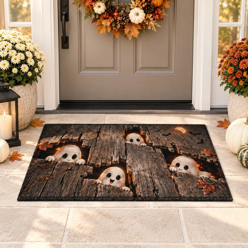 Peekaboo Planks - Playful Ghost Doormat in Weathered Wood