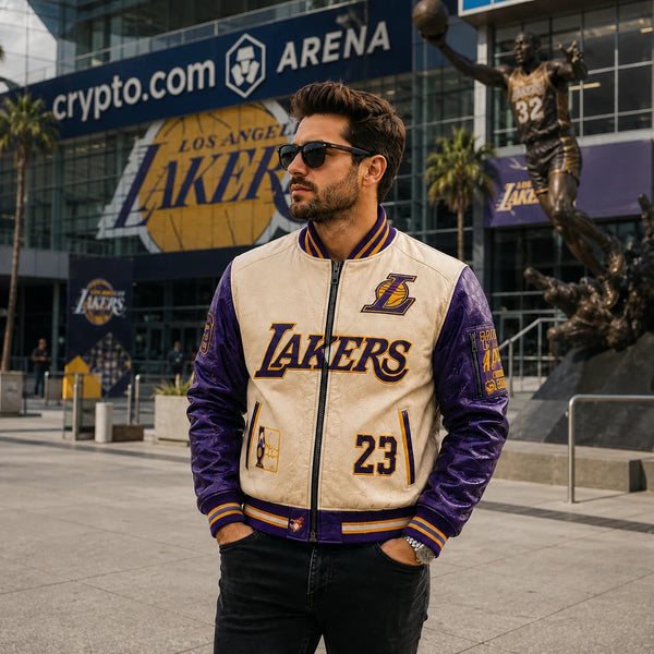 LAL Cream and Purple - Varsity Jacket With Courtside Confidence - main