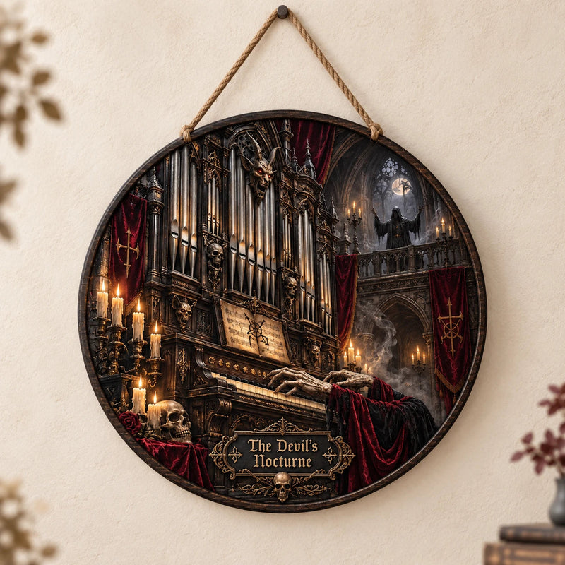 The Devil's Nocturne - Candlelit Gothic Organ Round Wood Sign