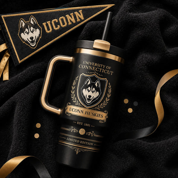 UCONN Crest - Gold Heraldry on a Black Tumbler - main