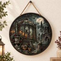 Moonlit Conservatory - Gothic Cemetery Round Wood Sign