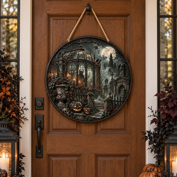 Moonlit Conservatory - Gothic Cemetery Round Wood Sign - main