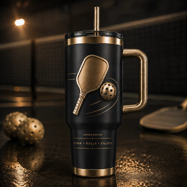 Dink, Rally, Enjoy - Gold Pickleball Momentum on Matte Black - main