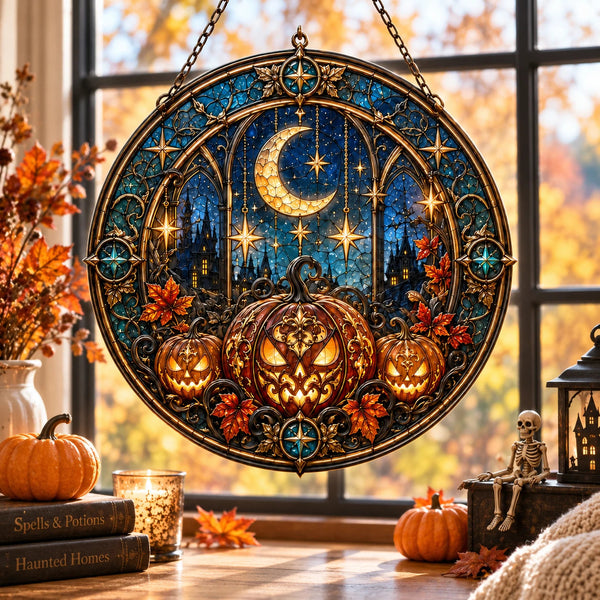Harvest Moon Cathedral - Circular Stained-Glass-Look Window Hanging - main