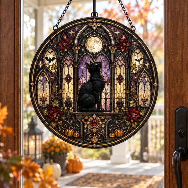 Moonlit Cathedral - Black Cat Round Window Hanging - main